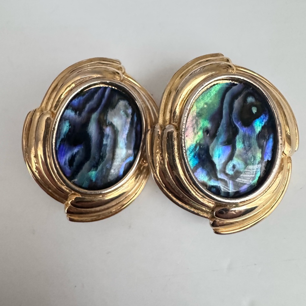 Vintage Earrings New Zealand Paua Shell Abalone Fold Plated Clip on